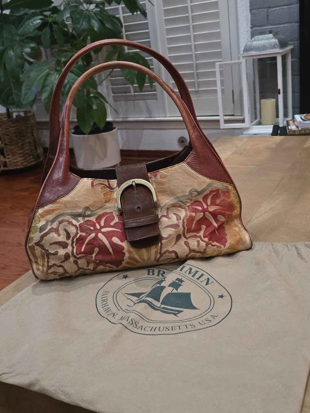 Vintage Floral Leather Tote Handbag - Brown & Red